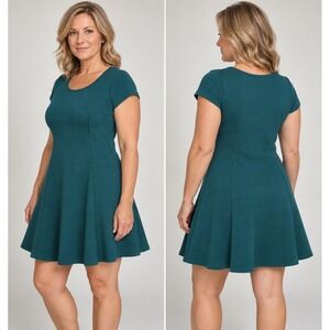 Wilde Womens Large Teal Fit Flare Dress Short Sleeve Textured Knit Casual Career